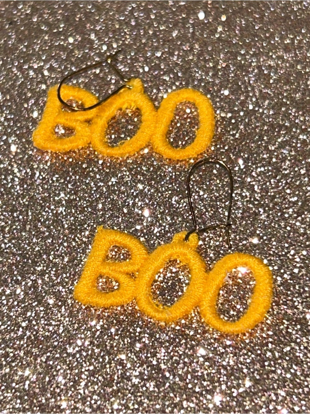 Embroidery Lace Dangle Playful Orange FSL Earrings 'BOO' Halloween Earrings - Picture 1 of 2